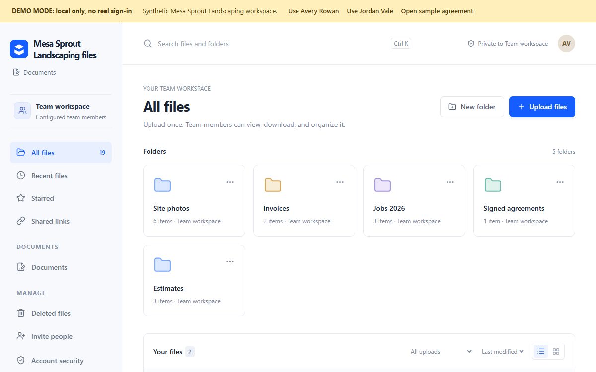 PickBits File Share showing a landscaping company's team folders: Jobs 2026, Estimates, Site photos and Signed agreements
